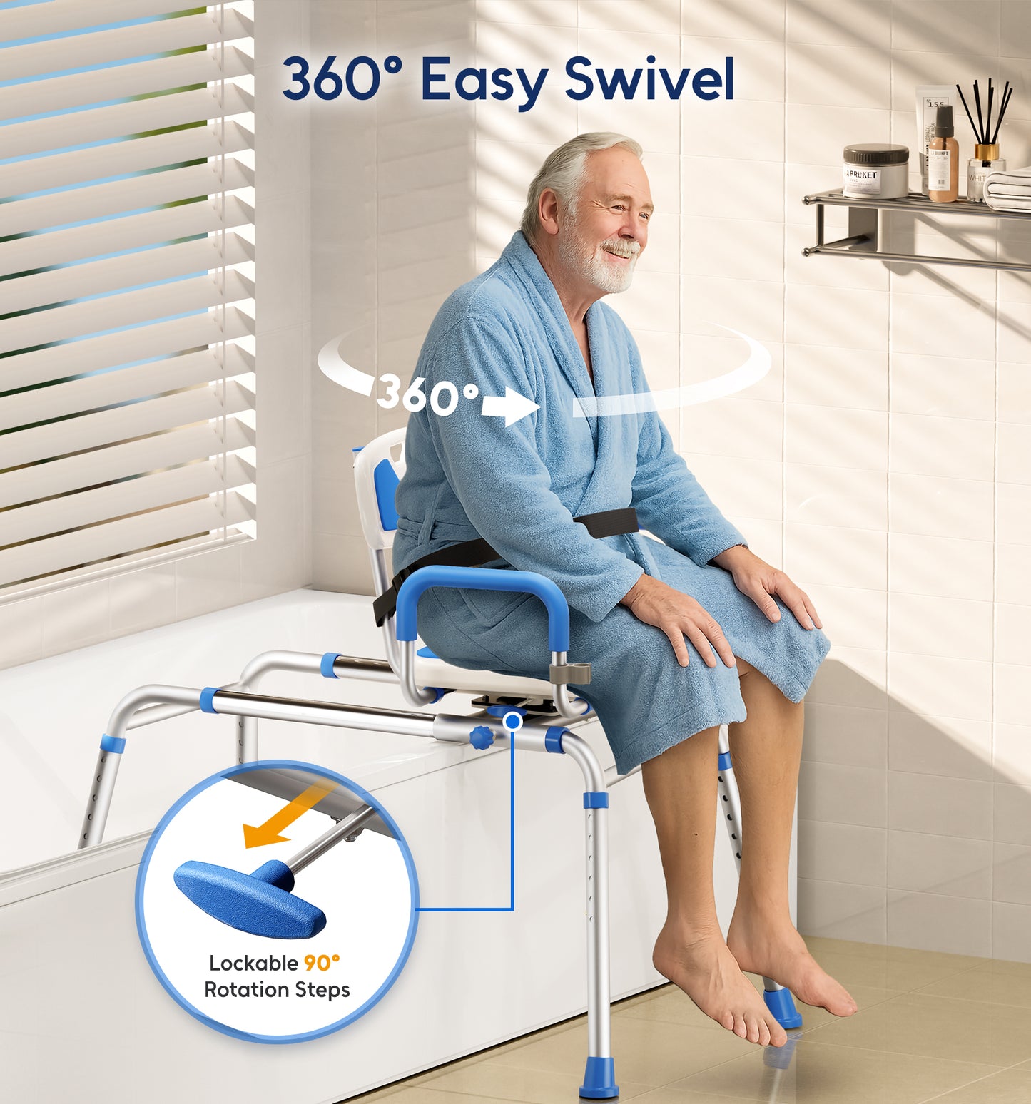 Bluelog Sliding Shower Chair with Padded 360° Swivel Seat, 330lbs Tub Transfer Bench, Non-Slip Arms, Safety Belt, Adjustable Height for Elderly & Disabled Inside Shower, Rectangular