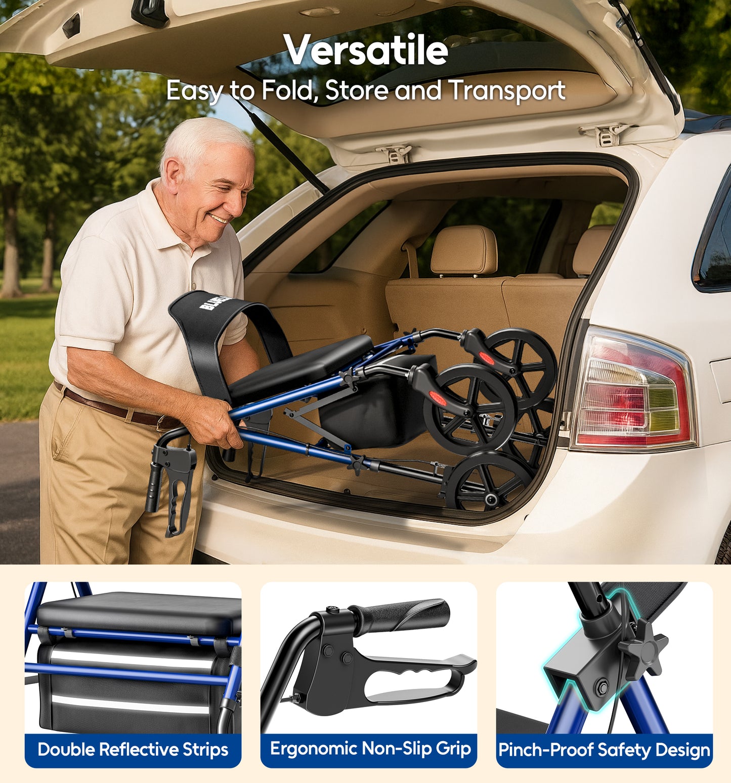 Bluelog Walkers for Seniors Rollator Walkers with Seat, 350lb Capacity with Cup Holder & Cane Holder, 8'' All Terrain Wheels, Adjustable Handles and Seat Height, Foldable Design