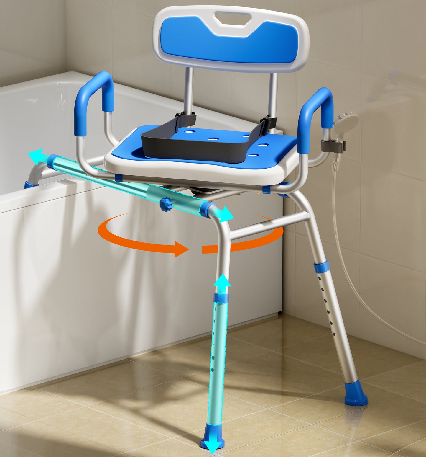 Bluelog Sliding Shower Chair with Padded 360° Swivel Seat, 330lbs Tub Transfer Bench, Non-Slip Arms, Safety Belt, Adjustable Height for Elderly & Disabled Inside Shower, Rectangular