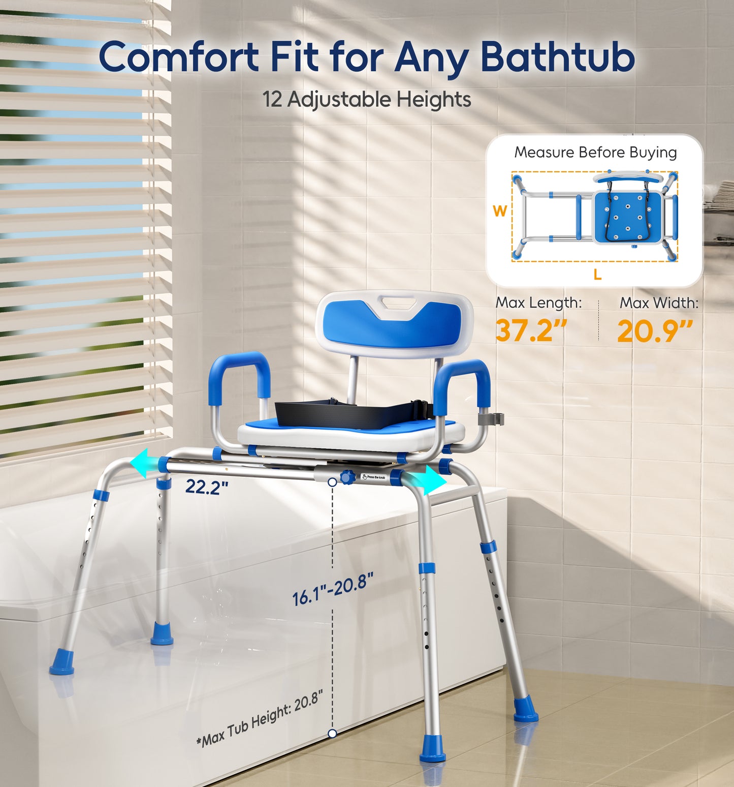Bluelog Sliding Shower Chair with Padded 360° Swivel Seat, 330lbs Tub Transfer Bench, Non-Slip Arms, Safety Belt, Adjustable Height for Elderly & Disabled Inside Shower, Rectangular