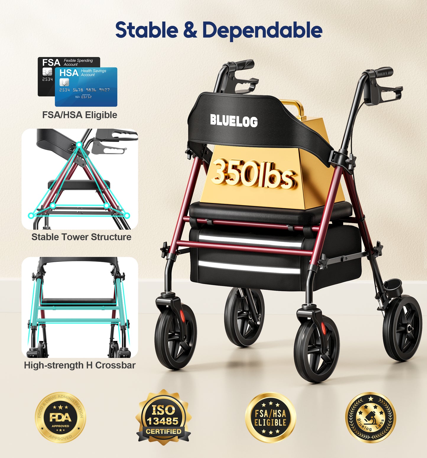 Bluelog Walkers for Seniors Rollator Walkers with Seat, 350lb Capacity with Cup Holder & Cane Holder, 8'' All Terrain Wheels, Adjustable Handles and Seat Height, Foldable Design