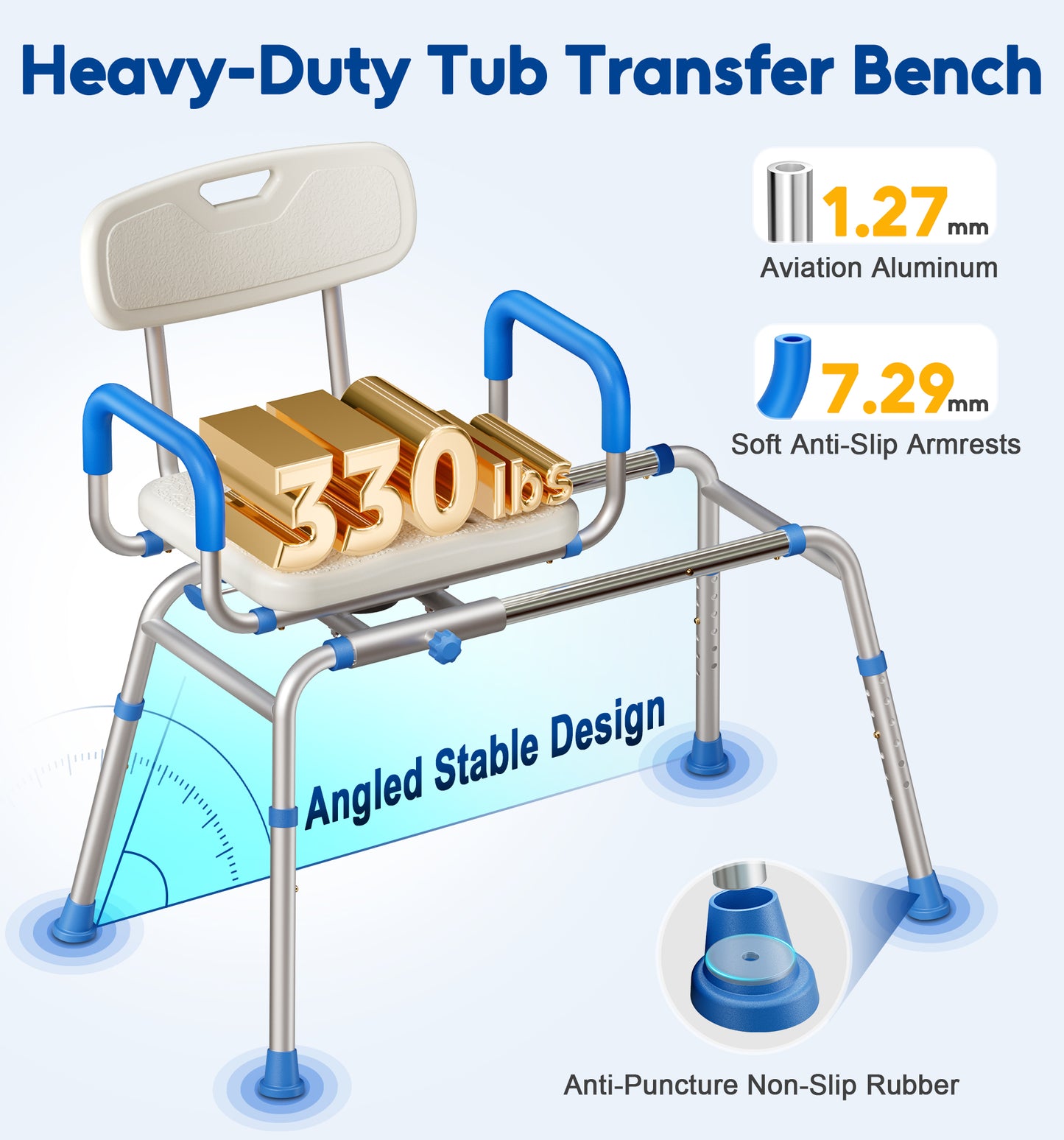 Bluelog FSA/HSA Eligible Sliding Shower Chair with Extra-Wide 360° Swivel Seat, 330lbs Tub Transfer Bench, Non-Slip & Padded Arms, Adjustable Height for Elderly & Disabled Inside Shower, Rectangular
