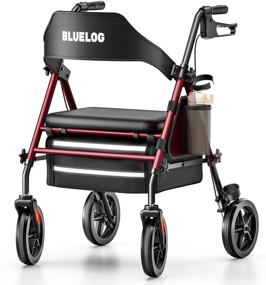 Bluelog Walkers for Seniors Rollator Walkers with Seat, 350lb Capacity with Cup Holder & Cane Holder, 8'' All Terrain Wheels, Adjustable Handles and Seat Height, Foldable Design