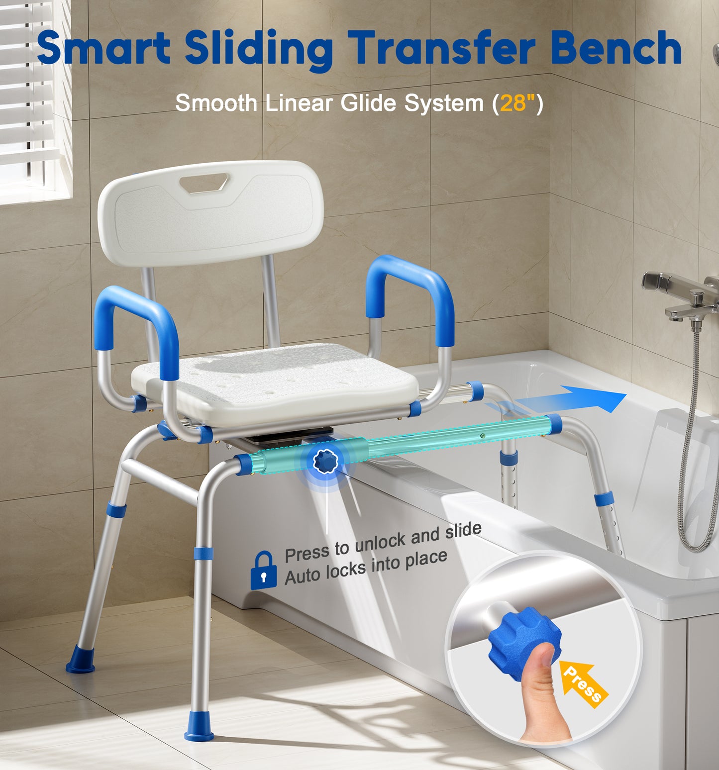Bluelog FSA/HSA Eligible Sliding Shower Chair with Extra-Wide 360° Swivel Seat, 330lbs Tub Transfer Bench, Non-Slip & Padded Arms, Adjustable Height for Elderly & Disabled Inside Shower, Rectangular