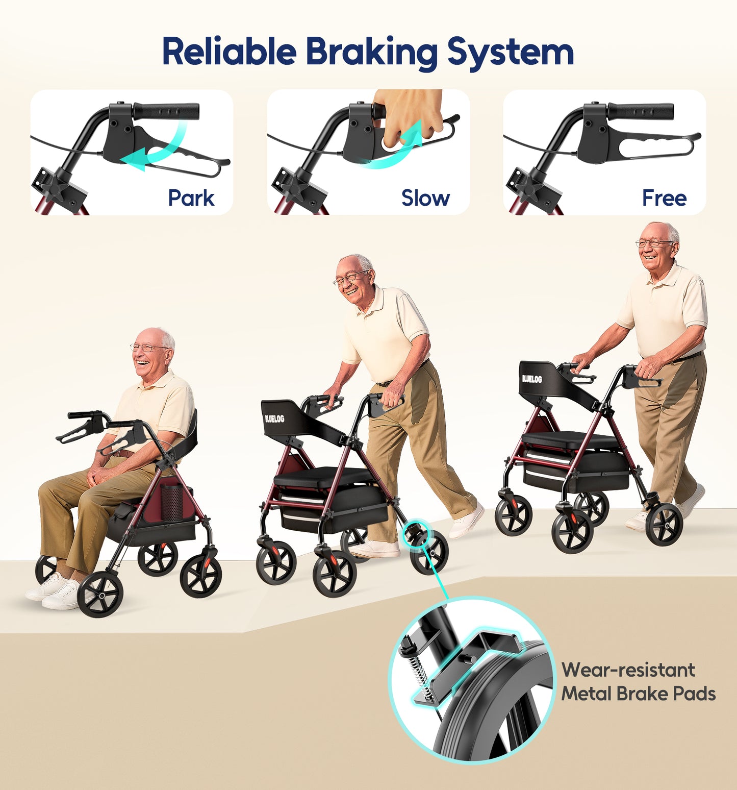Bluelog Walkers for Seniors Rollator Walkers with Seat, 350lb Capacity with Cup Holder & Cane Holder, 8'' All Terrain Wheels, Adjustable Handles and Seat Height, Foldable Design