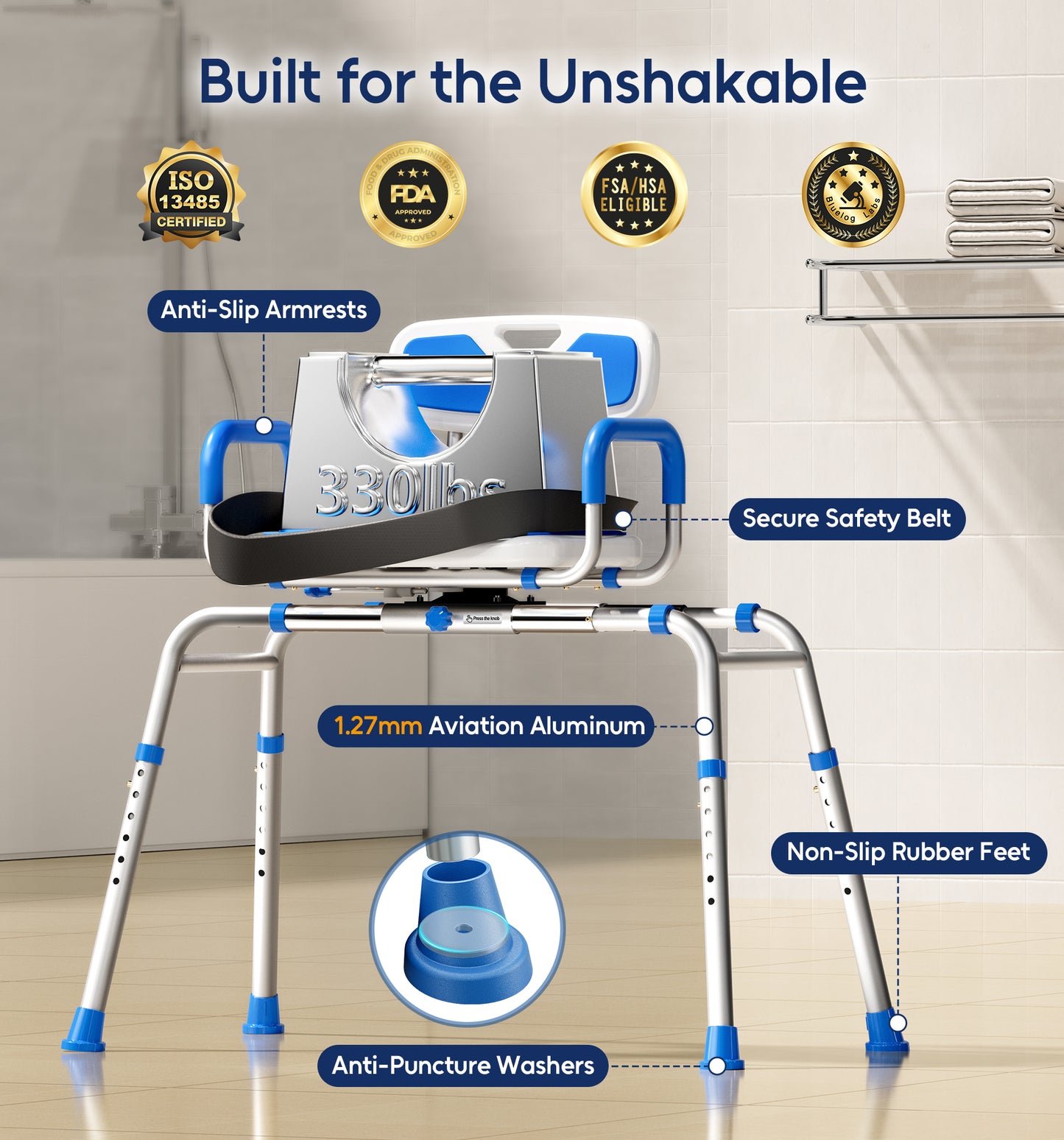 Bluelog Sliding Shower Chair with Padded 360° Swivel Seat, 330lbs Tub Transfer Bench, Non-Slip Arms, Safety Belt, Adjustable Height for Elderly & Disabled Inside Shower, Rectangular