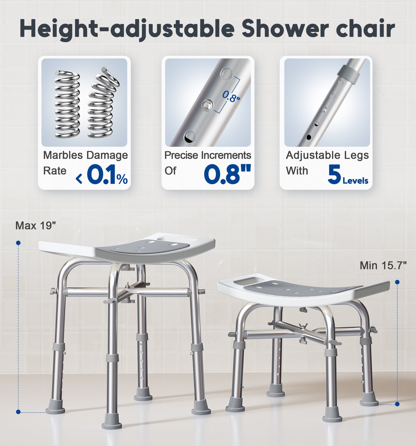 Bluelog Shower Chair for Inside Shower, 500lbs Heavy-Duty Bath Stool with Reinforced Crossbar, Padded Tub Seat, Adjustable Height for Adults, Elderly, Disabled, Tool-Free Assembly