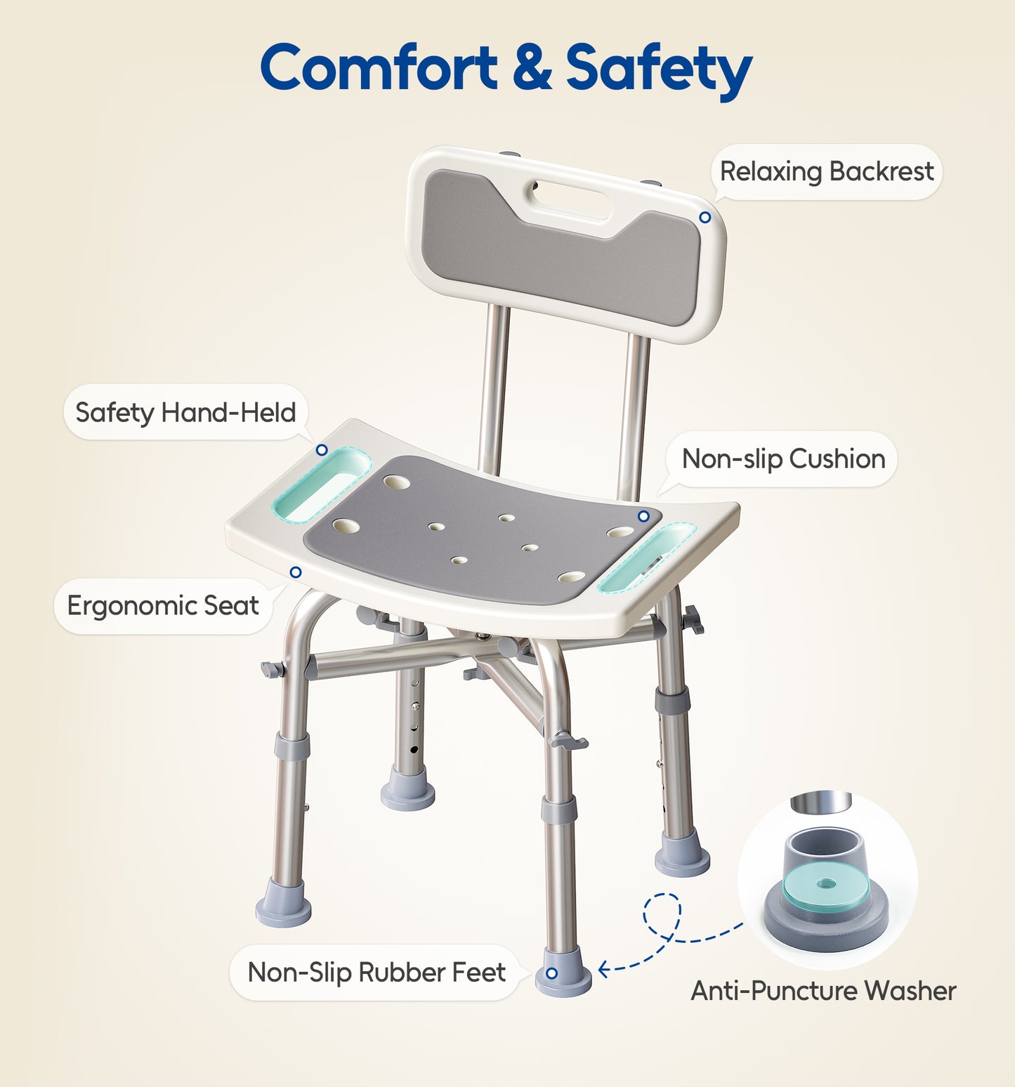 Shower Chair with Back for Elderly and Disabled, Shower Seat Bench Stool, Adjustable Height, 350 lbs Capacity, FSA/HSA Eligible, Rectangular