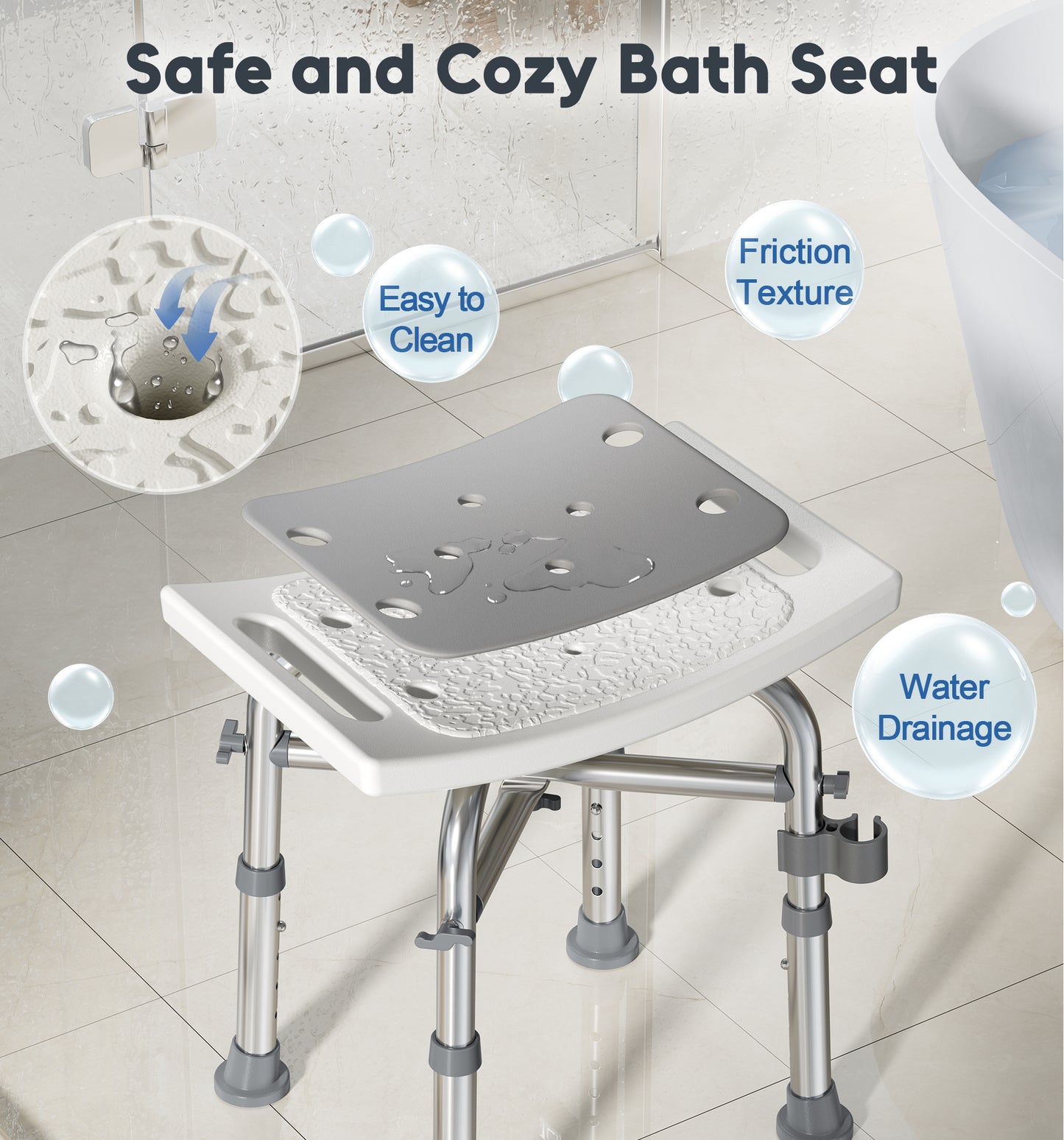 Bluelog Shower Chair for Inside Shower, 500lbs Heavy-Duty Bath Stool with Reinforced Crossbar, Padded Tub Seat, Adjustable Height for Adults, Elderly, Disabled, Tool-Free Assembly