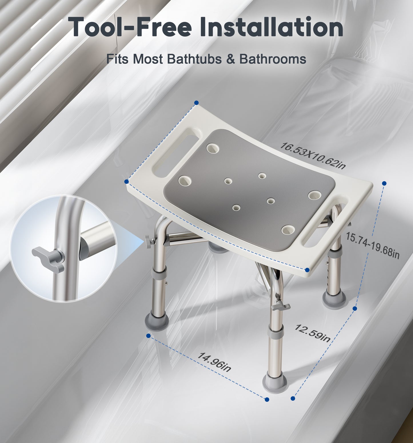 Bluelog Shower Chair for Inside Shower, 500lbs Heavy-Duty Bath Stool with Reinforced Crossbar, Padded Tub Seat, Adjustable Height for Adults, Elderly, Disabled, Tool-Free Assembly