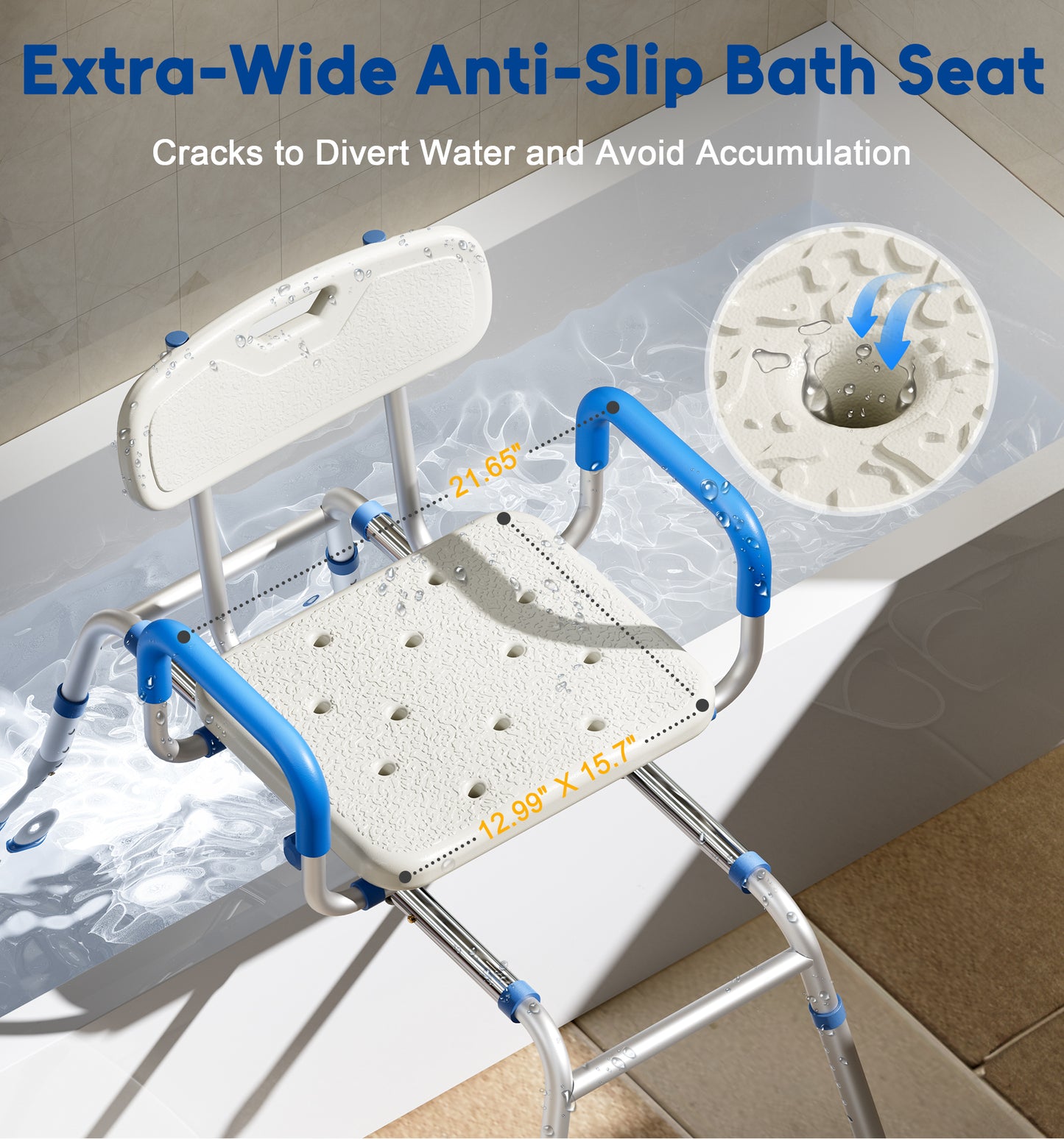 Bluelog FSA/HSA Eligible Sliding Shower Chair with Extra-Wide 360° Swivel Seat, 330lbs Tub Transfer Bench, Non-Slip & Padded Arms, Adjustable Height for Elderly & Disabled Inside Shower, Rectangular