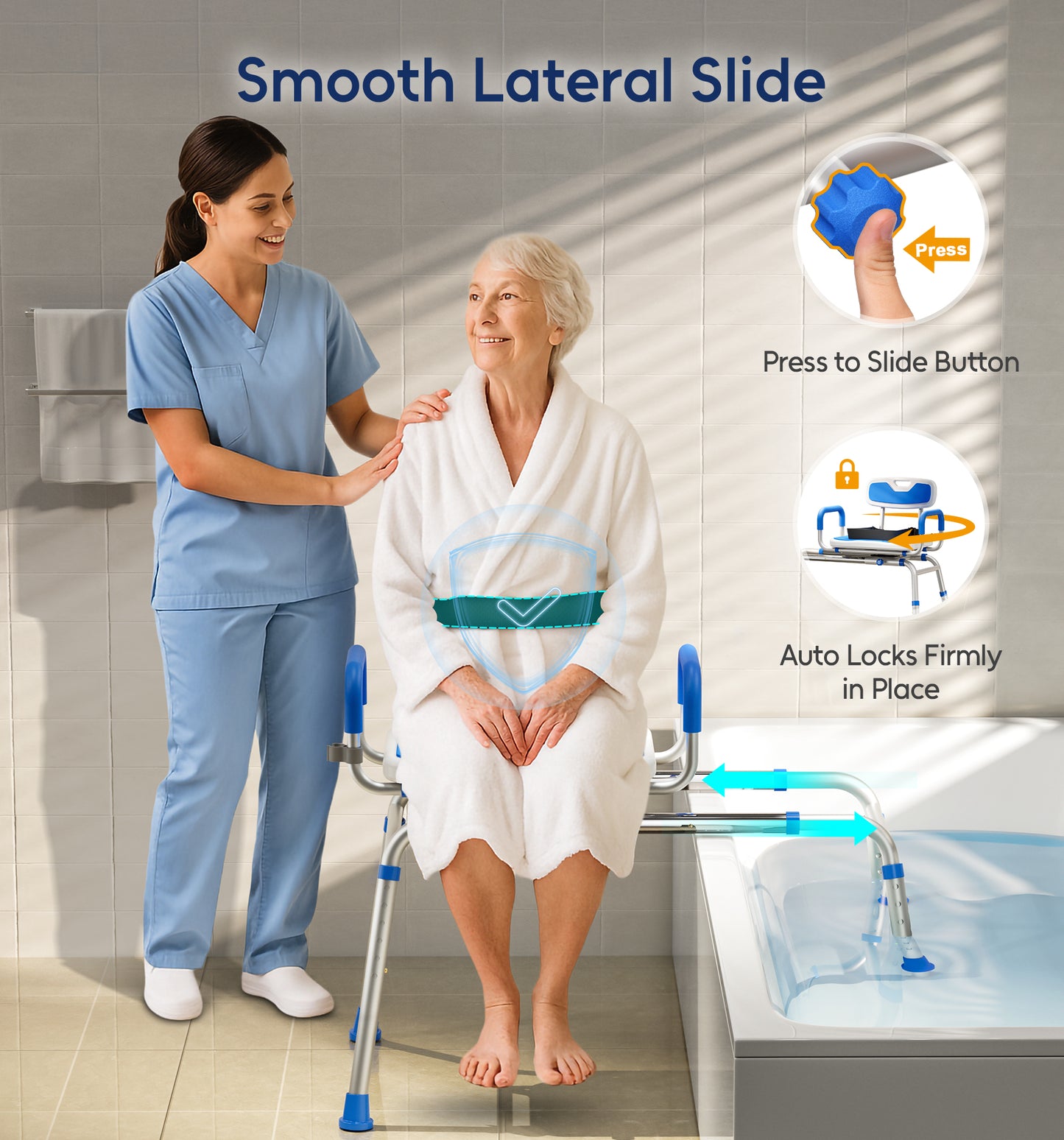 Bluelog Sliding Shower Chair with Padded 360° Swivel Seat, 330lbs Tub Transfer Bench, Non-Slip Arms, Safety Belt, Adjustable Height for Elderly & Disabled Inside Shower, Rectangular