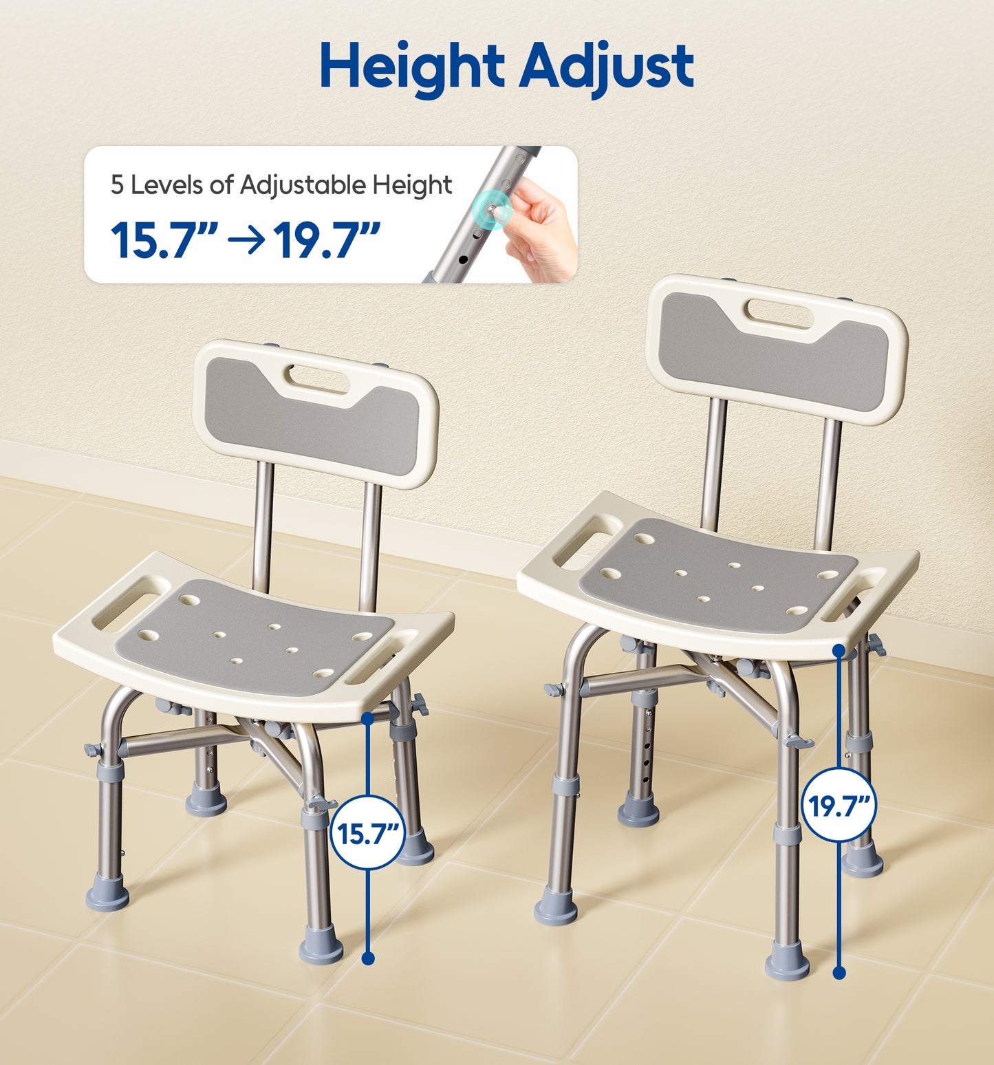Shower Chair with Back for Elderly and Disabled, Shower Seat Bench Stool, Adjustable Height, 350 lbs Capacity, FSA/HSA Eligible, Rectangular