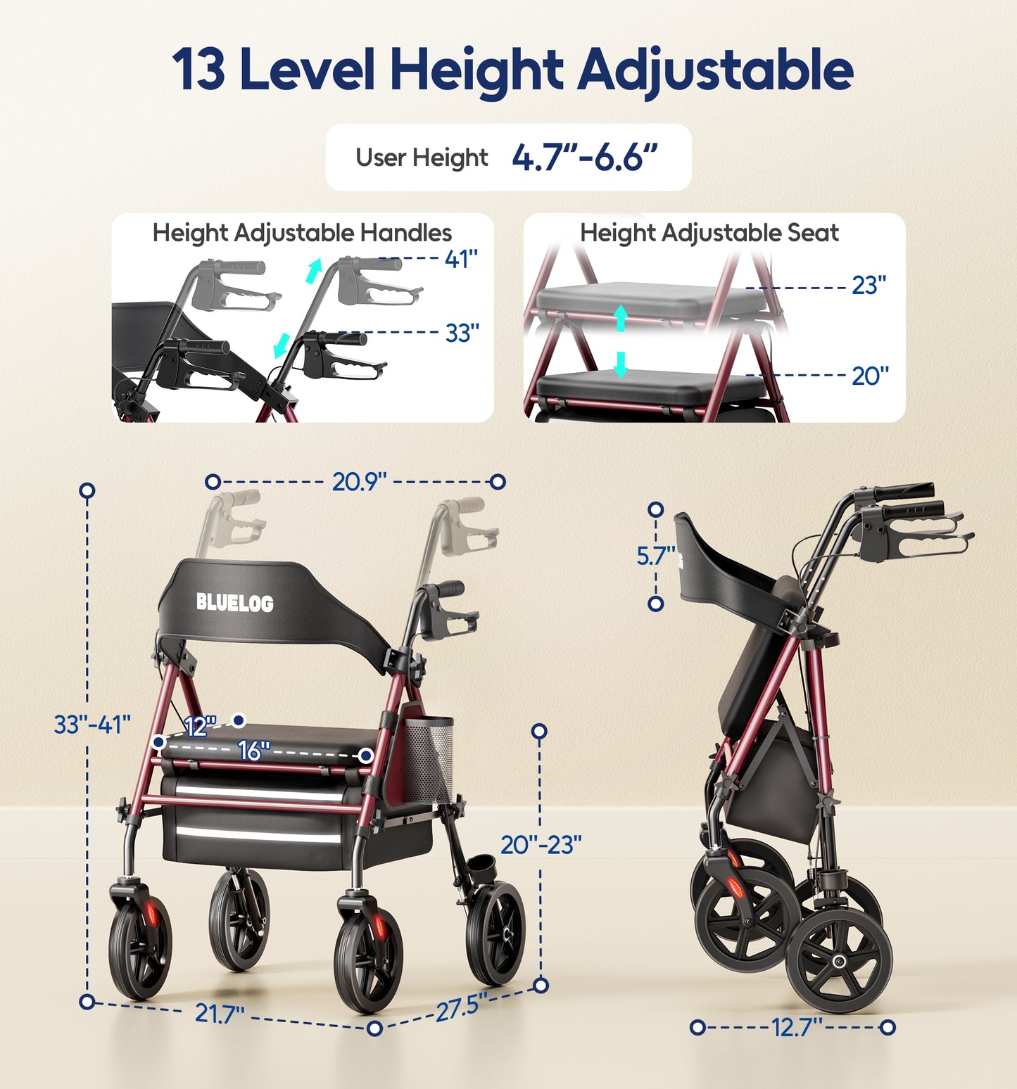 Bluelog Walkers for Seniors Rollator Walkers with Seat, 350lb Capacity with Cup Holder & Cane Holder, 8'' All Terrain Wheels, Adjustable Handles and Seat Height, Foldable Design