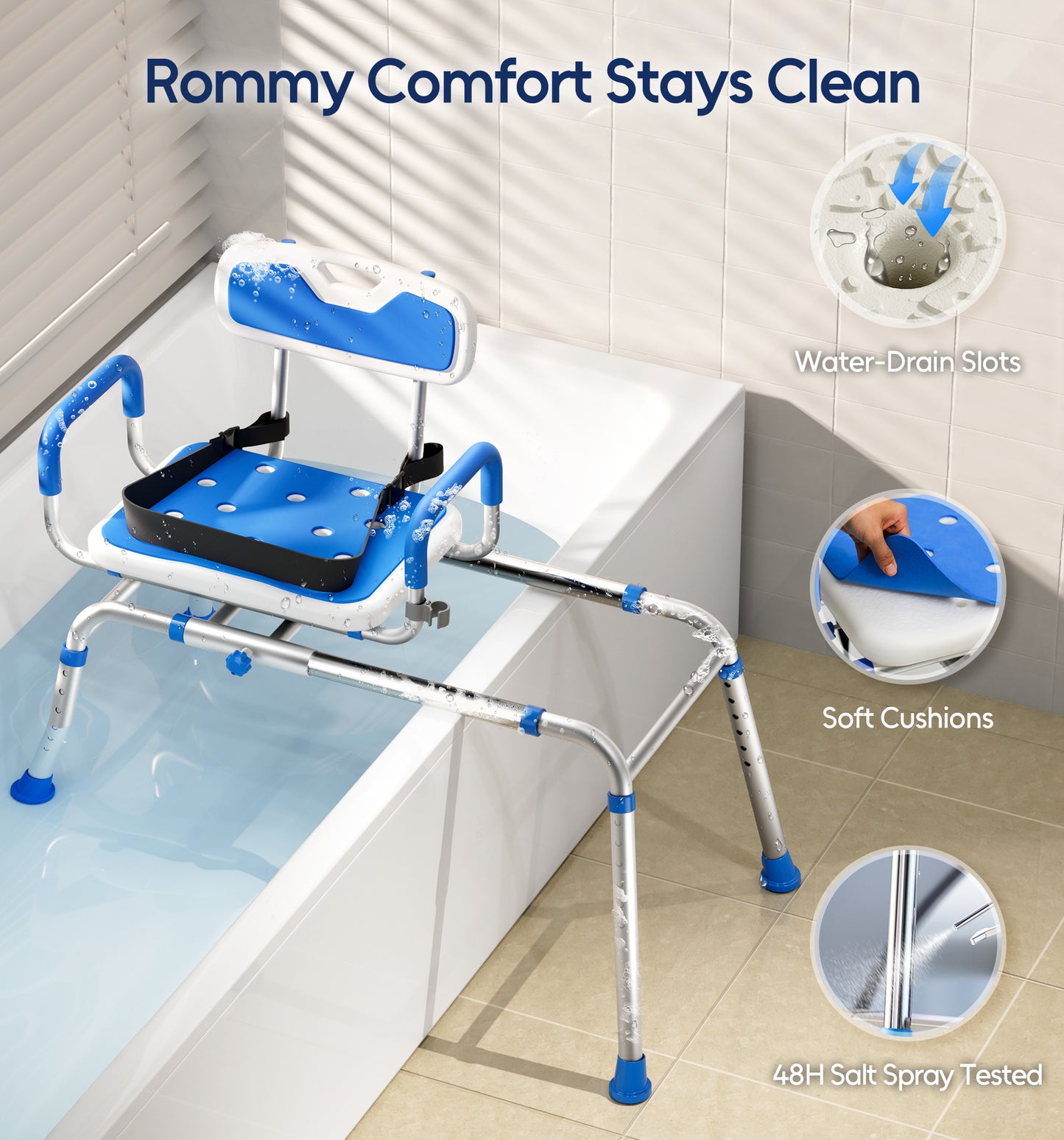 Bluelog Sliding Shower Chair with Padded 360° Swivel Seat, 330lbs Tub Transfer Bench, Non-Slip Arms, Safety Belt, Adjustable Height for Elderly & Disabled Inside Shower, Rectangular