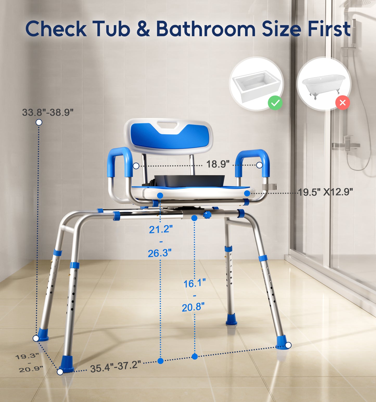 Bluelog Sliding Shower Chair with Padded 360° Swivel Seat, 330lbs Tub Transfer Bench, Non-Slip Arms, Safety Belt, Adjustable Height for Elderly & Disabled Inside Shower, Rectangular