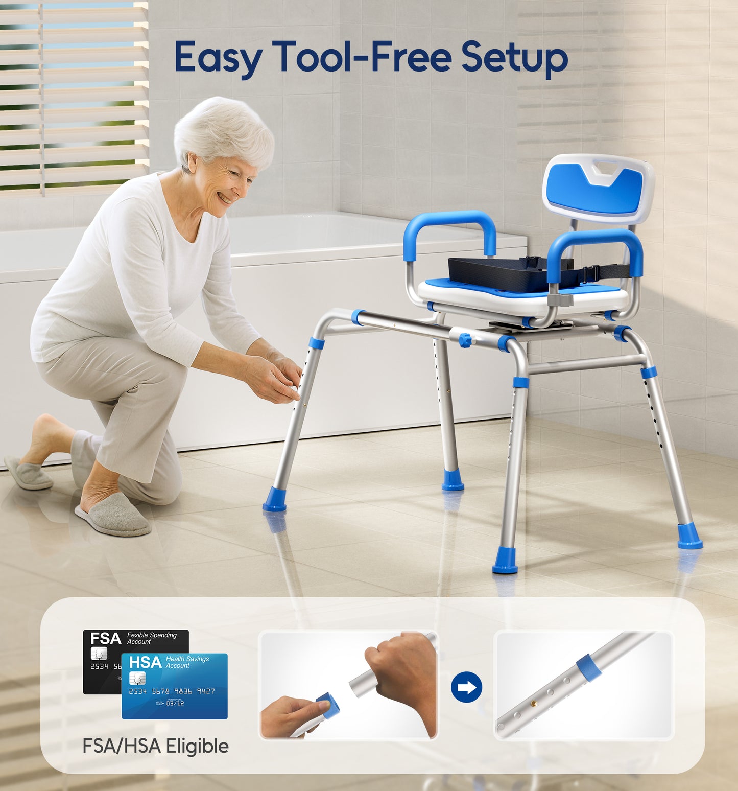 Bluelog Sliding Shower Chair with Padded 360° Swivel Seat, 330lbs Tub Transfer Bench, Non-Slip Arms, Safety Belt, Adjustable Height for Elderly & Disabled Inside Shower, Rectangular