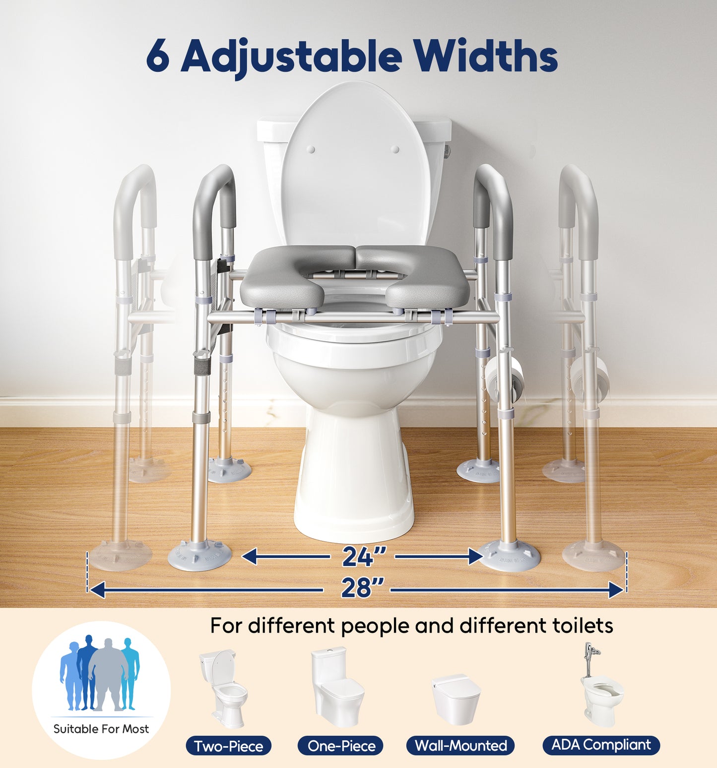 Bluelog FST142 Toilet Seat Risers for Seniors, 6 Width & 7 Height Adjustable Raised Toilet Seat with Handles, Elevated Toilet Seat for Elderly, Handicap, Heavy Duty 400lbs Build, Fit Any Toilet