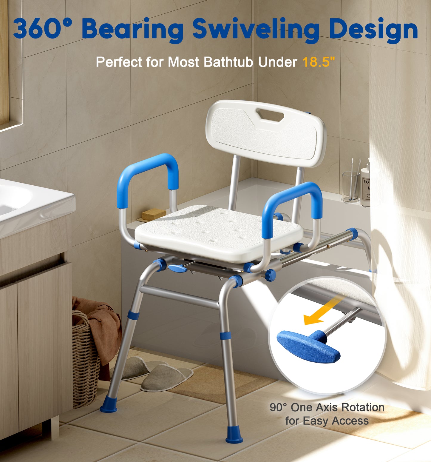 Bluelog FSA/HSA Eligible Sliding Shower Chair with Extra-Wide 360° Swivel Seat, 330lbs Tub Transfer Bench, Non-Slip & Padded Arms, Adjustable Height for Elderly & Disabled Inside Shower, Rectangular