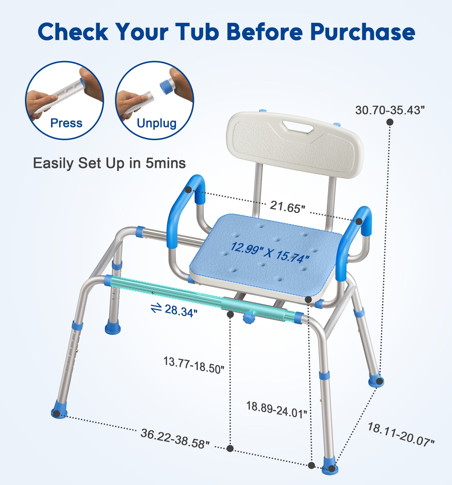 Bluelog FSA/HSA Eligible Sliding Shower Chair with Extra-Wide 360° Swivel Seat, 330lbs Tub Transfer Bench, Non-Slip & Padded Arms, Adjustable Height for Elderly & Disabled Inside Shower, Rectangular